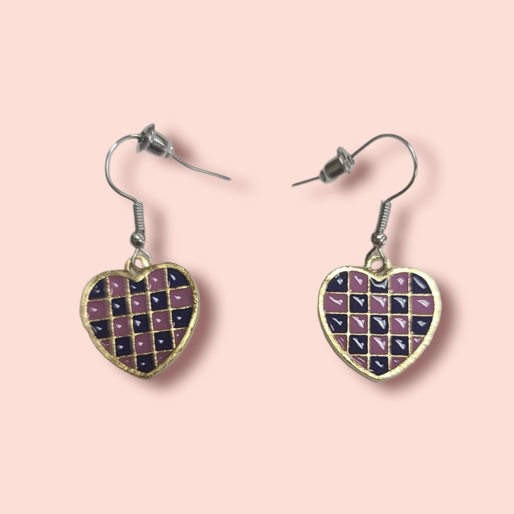 Kawaii Purple Checkered Heart Earrings